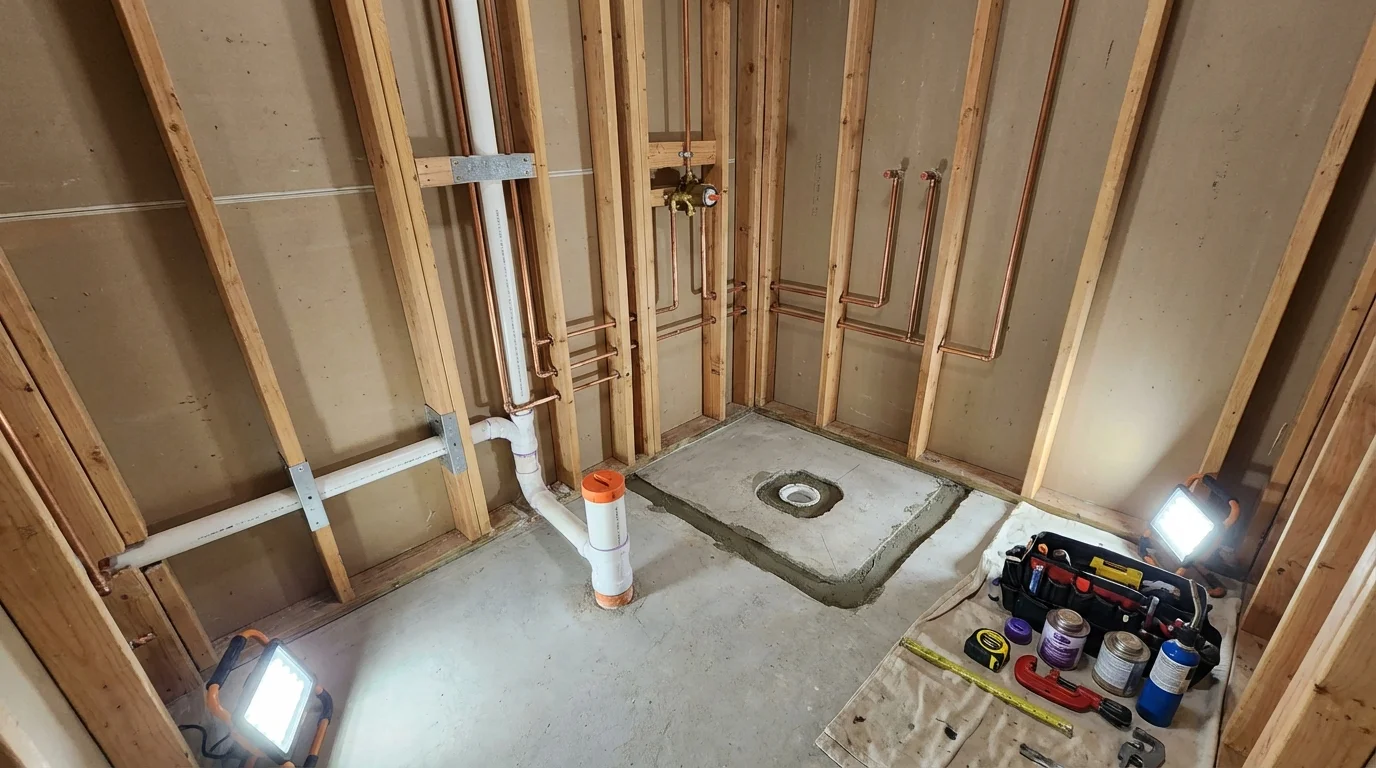 Bathroom rough-in plumbing during remodel by Johns Plumbing LLC in Baton Rouge