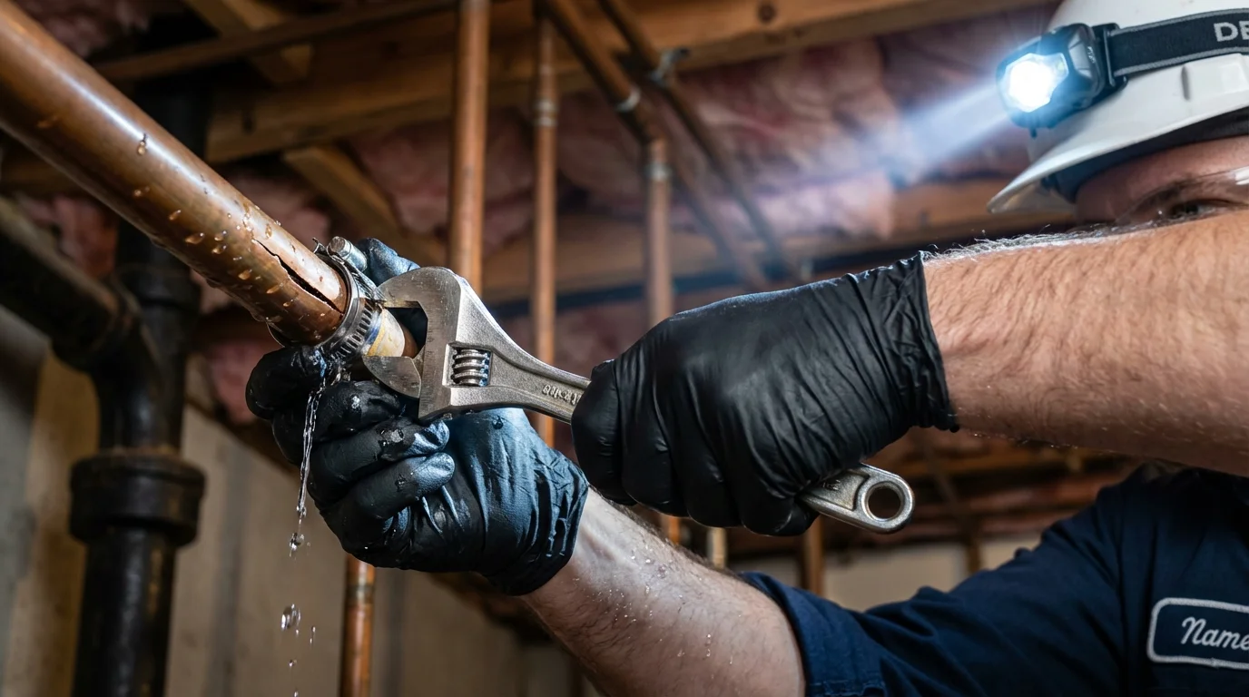 Emergency pipe clamp repair being performed by a Johns Plumbing LLC plumber in Baton Rouge