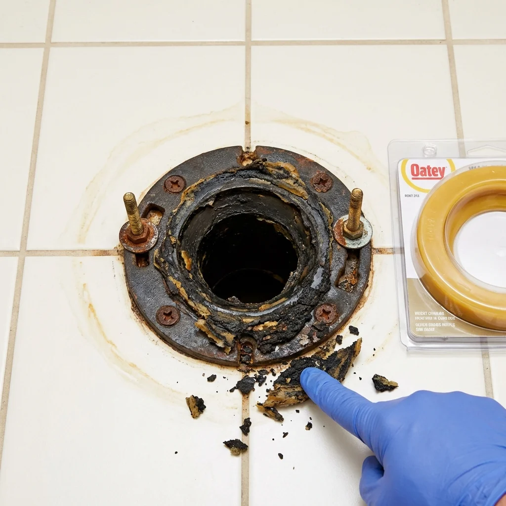 Failed wax ring showing water seepage at the base of a toilet in a Baton Rouge, LA home