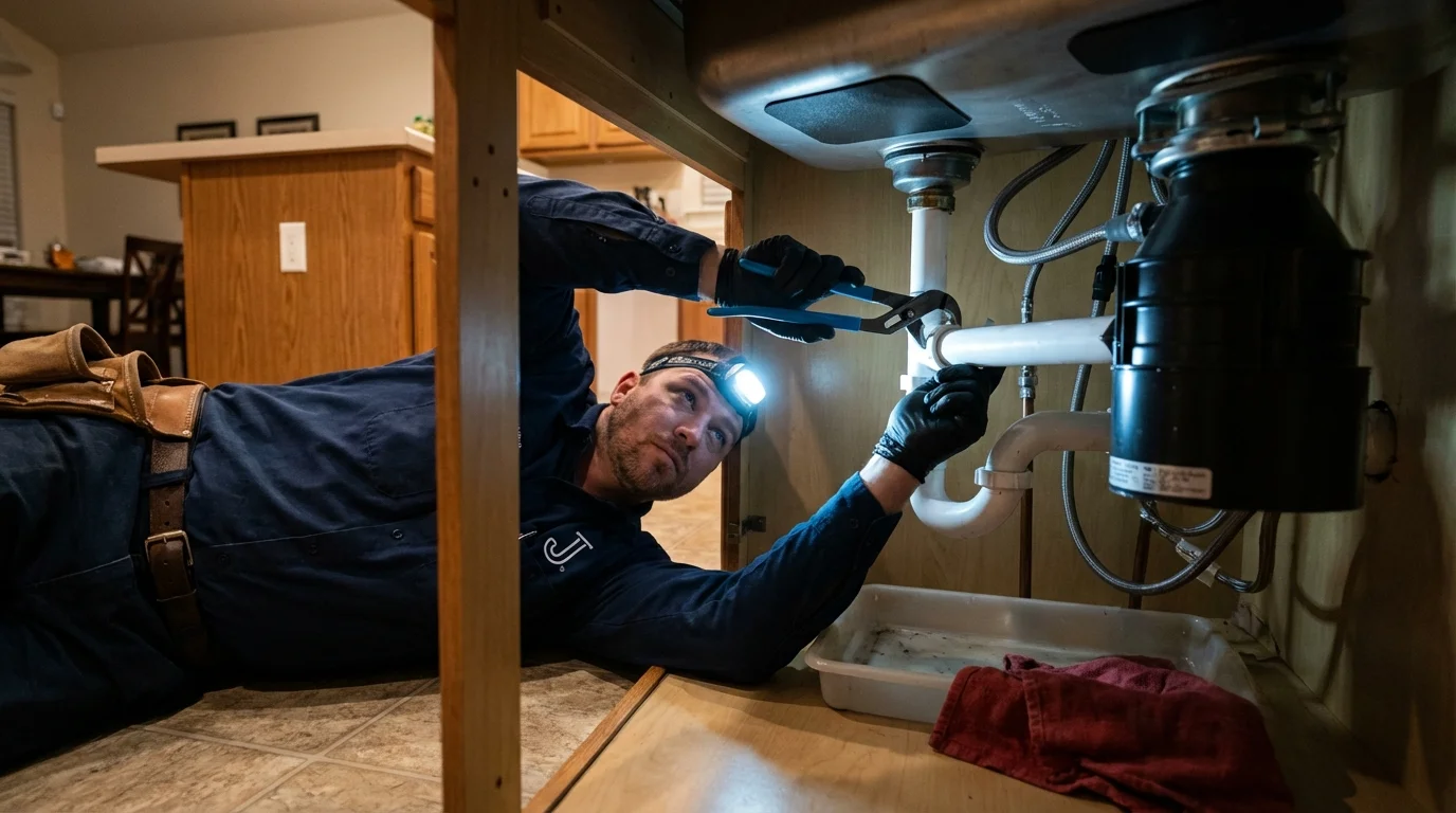 P-trap and supply line connections under a kitchen sink showing a common leak point in Baton Rouge, LA